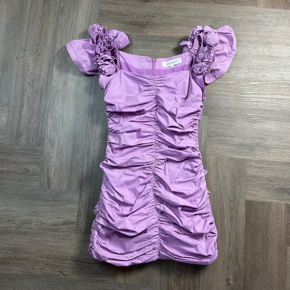 ELLIATT Dress Womens Small Lavender Purple Ruched Cotton Mini Rosette Sleeve